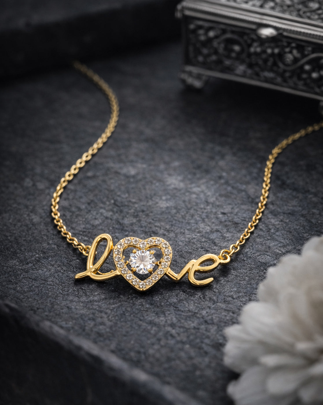 Gold Plated CZ Sparkle Solitaire Love Heart Script Necklace