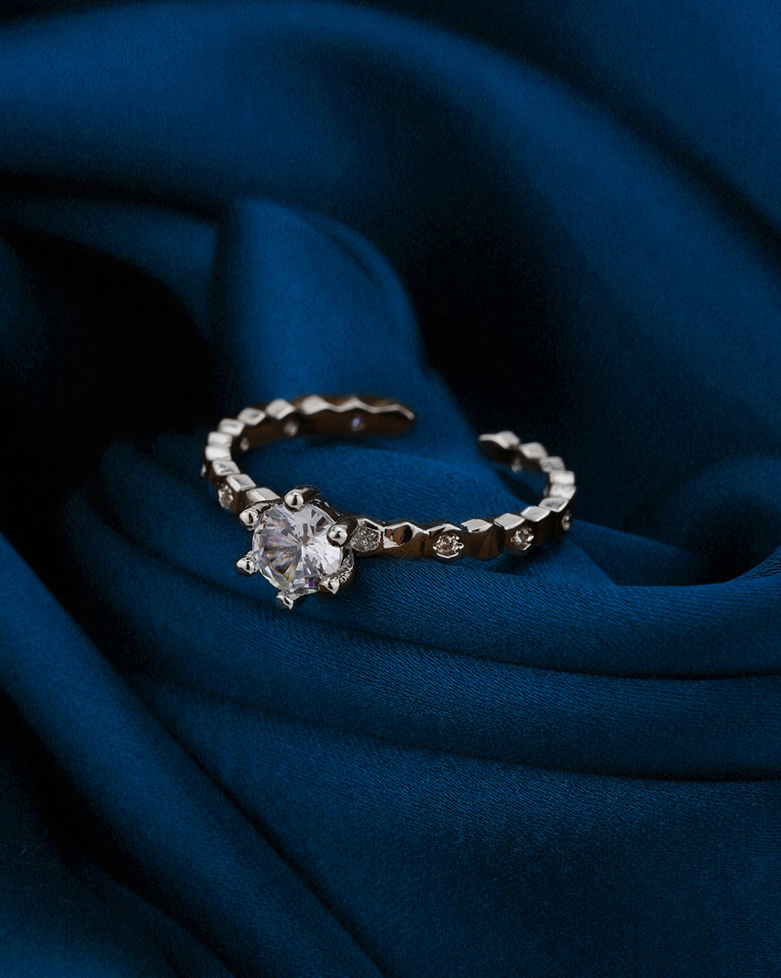 Silver Plated Stylish Round Solitaire & CZ Studded Adjustable Ring