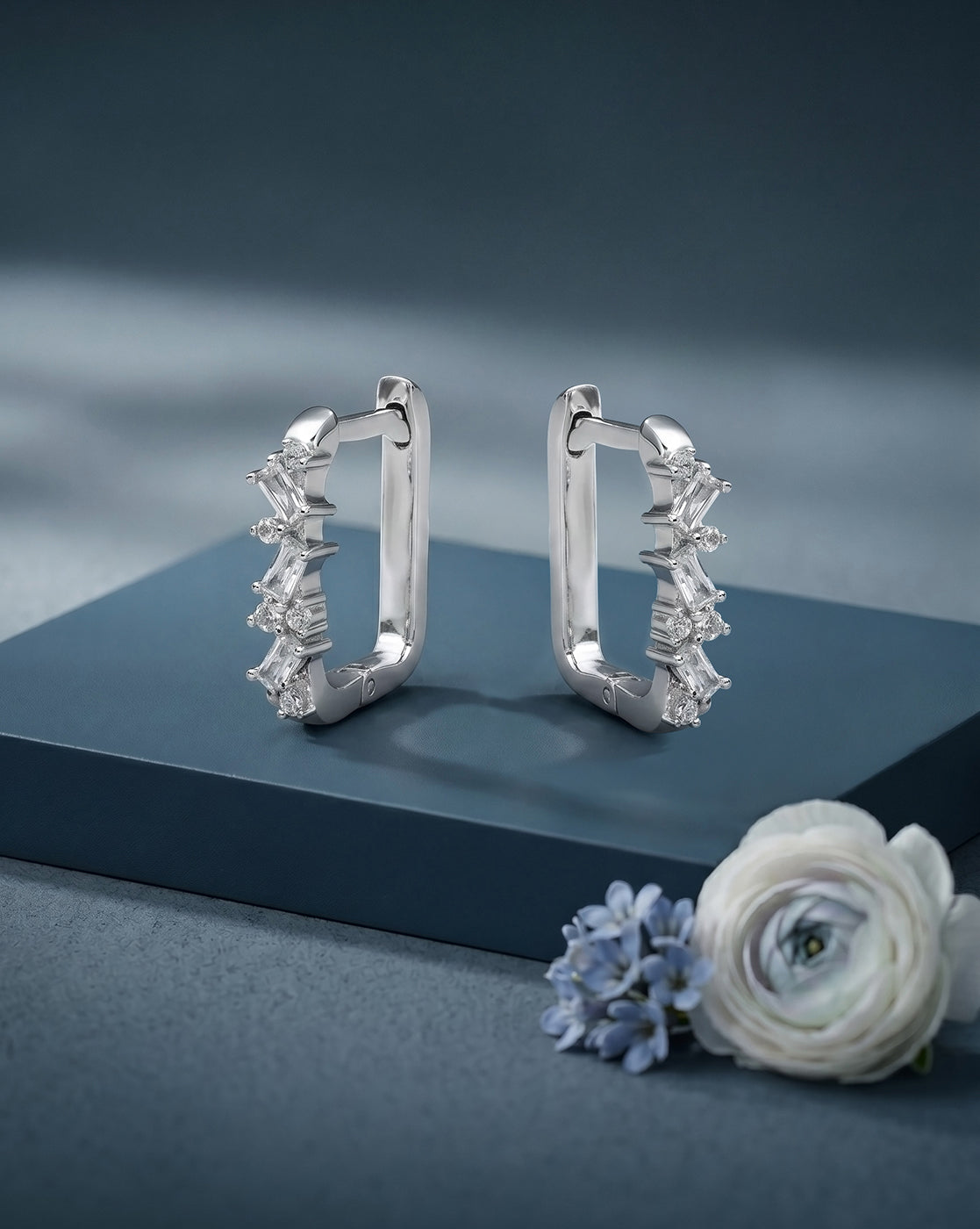 Rhodium Plated Studded Square Hoop Earring with Baguette CZ