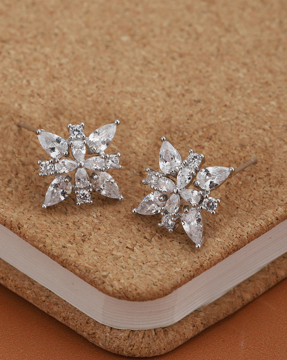 Silver Plated Sparkling CZ Studded Floral Stud Earring