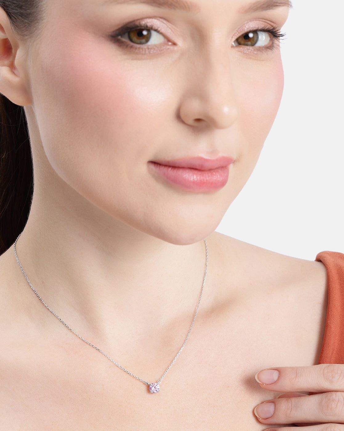 Rhodium Plated Dangling Pink Solitaire Necklace