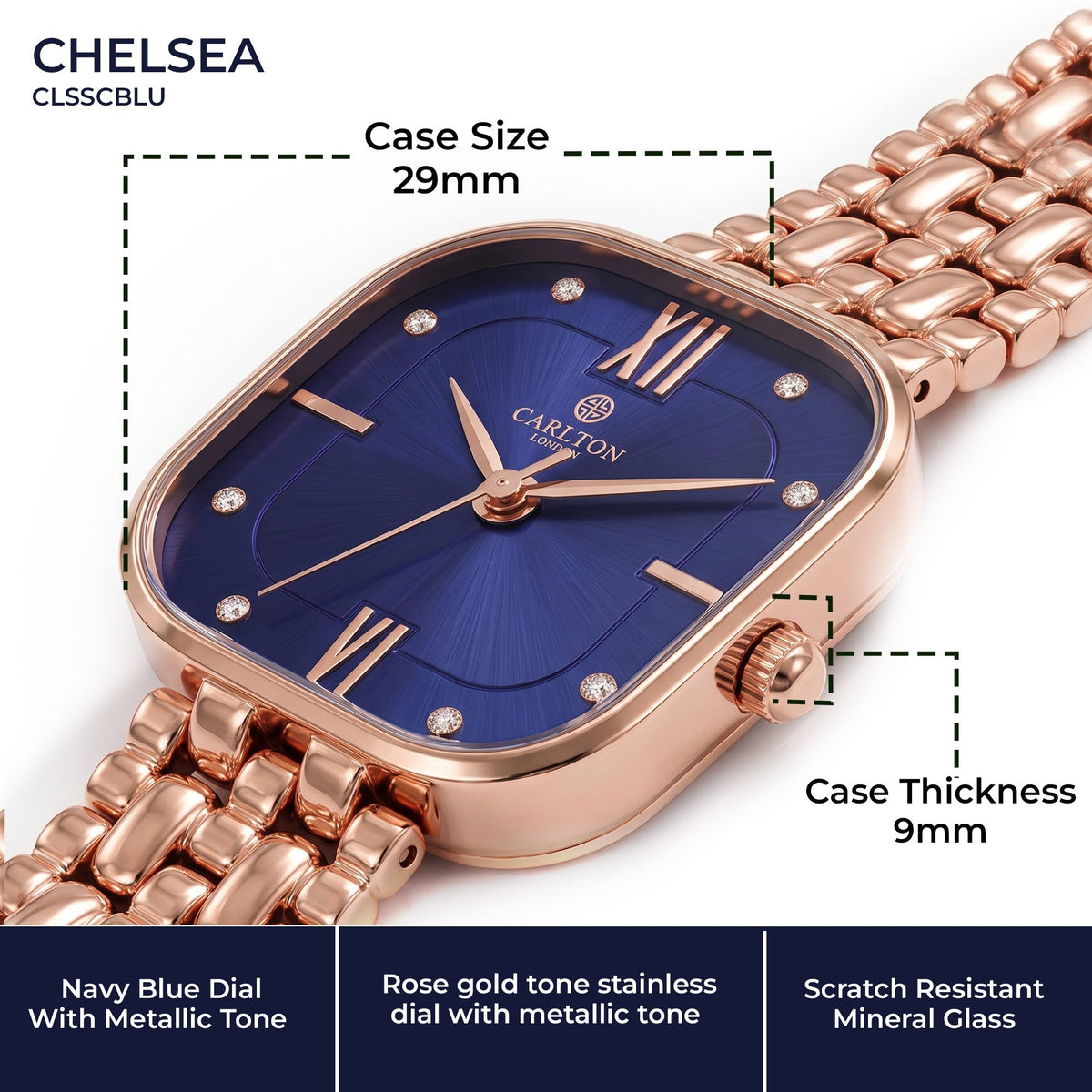 Carlton London Chelsea Women’s Watch – Blue Square Dial, Rose Gold Stainless Steel Strap – CLSSCBLU