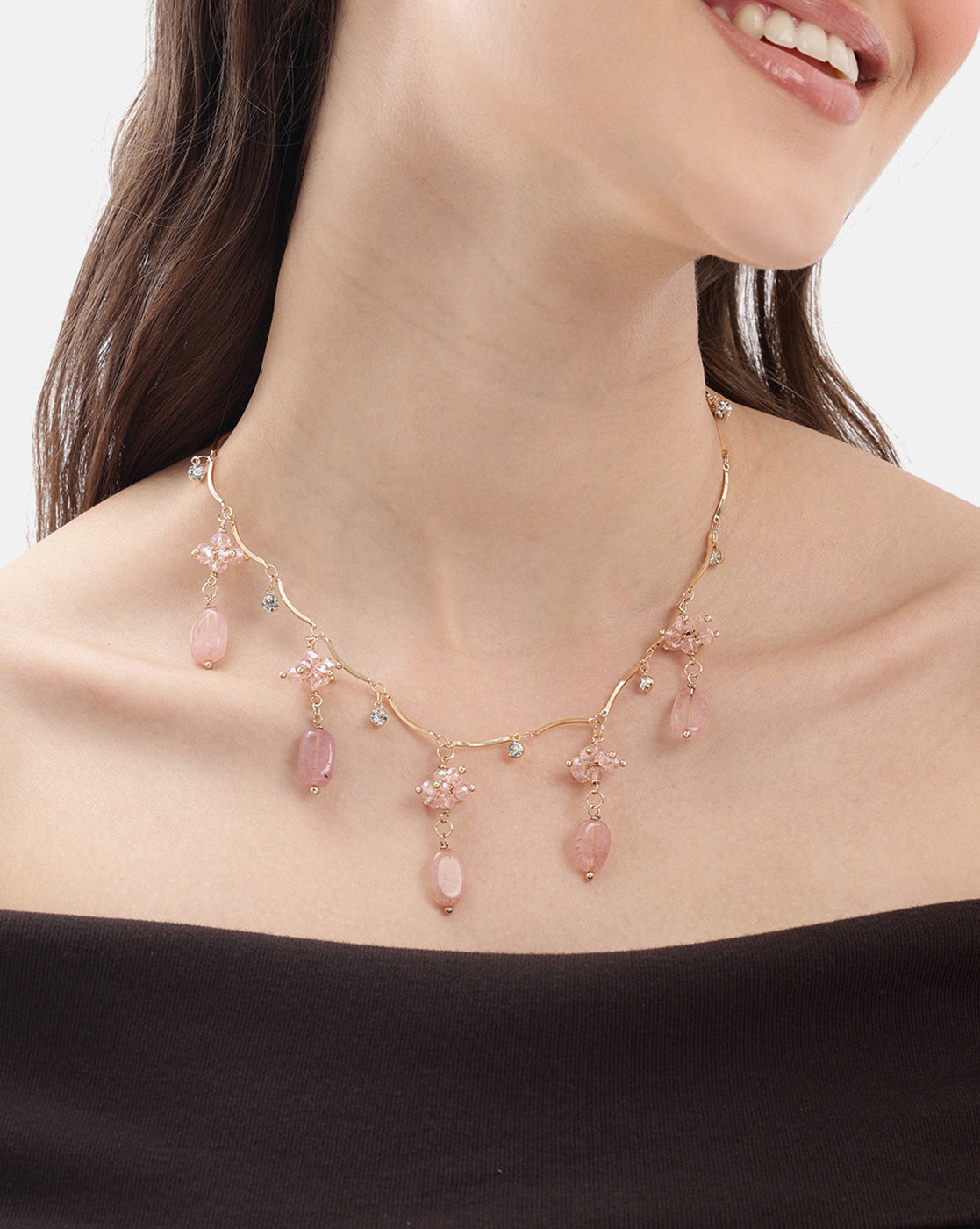 Gold Plated Dainty Rose Pink Beaded Floral Wave Necklace