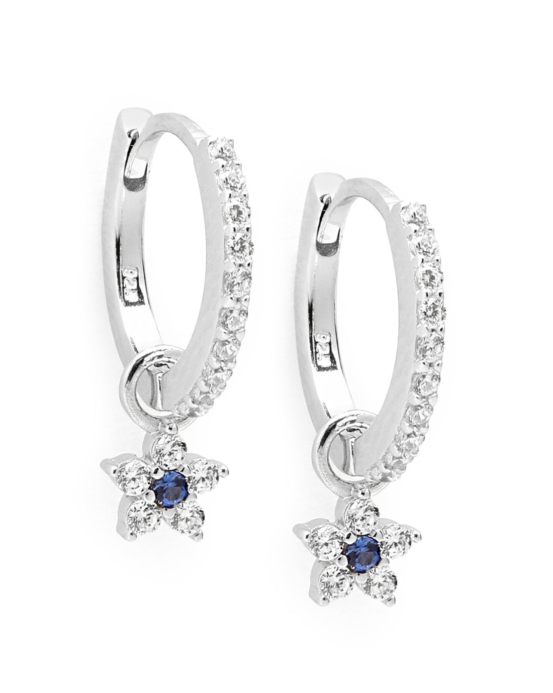 925 Sterling Silver Rhodium Plated Blue CZ Star Hoop Earring