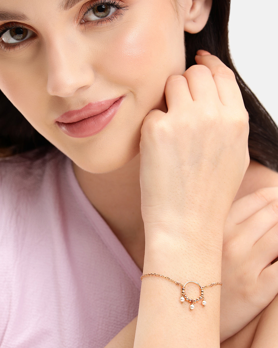 18kt Rose Gold Plated Contemporary Pearl & Bead Accent Adjustable Bracelet