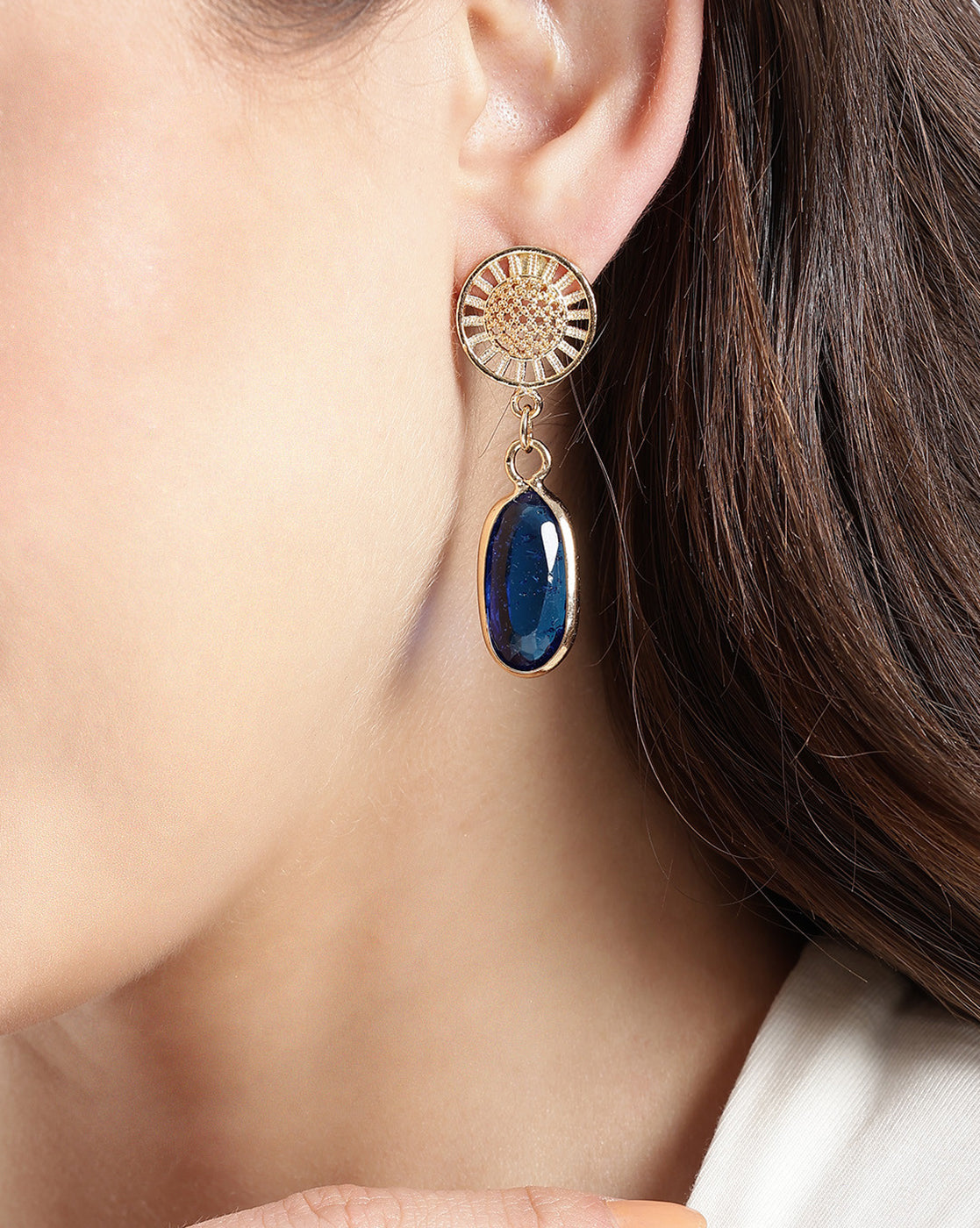 Gold Plated Radiant Blue Crystal Oval Drop Earrings