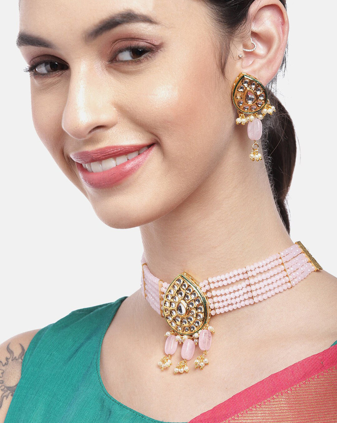 Gold-Plated Royal Pink Bead Kundan Choker Set