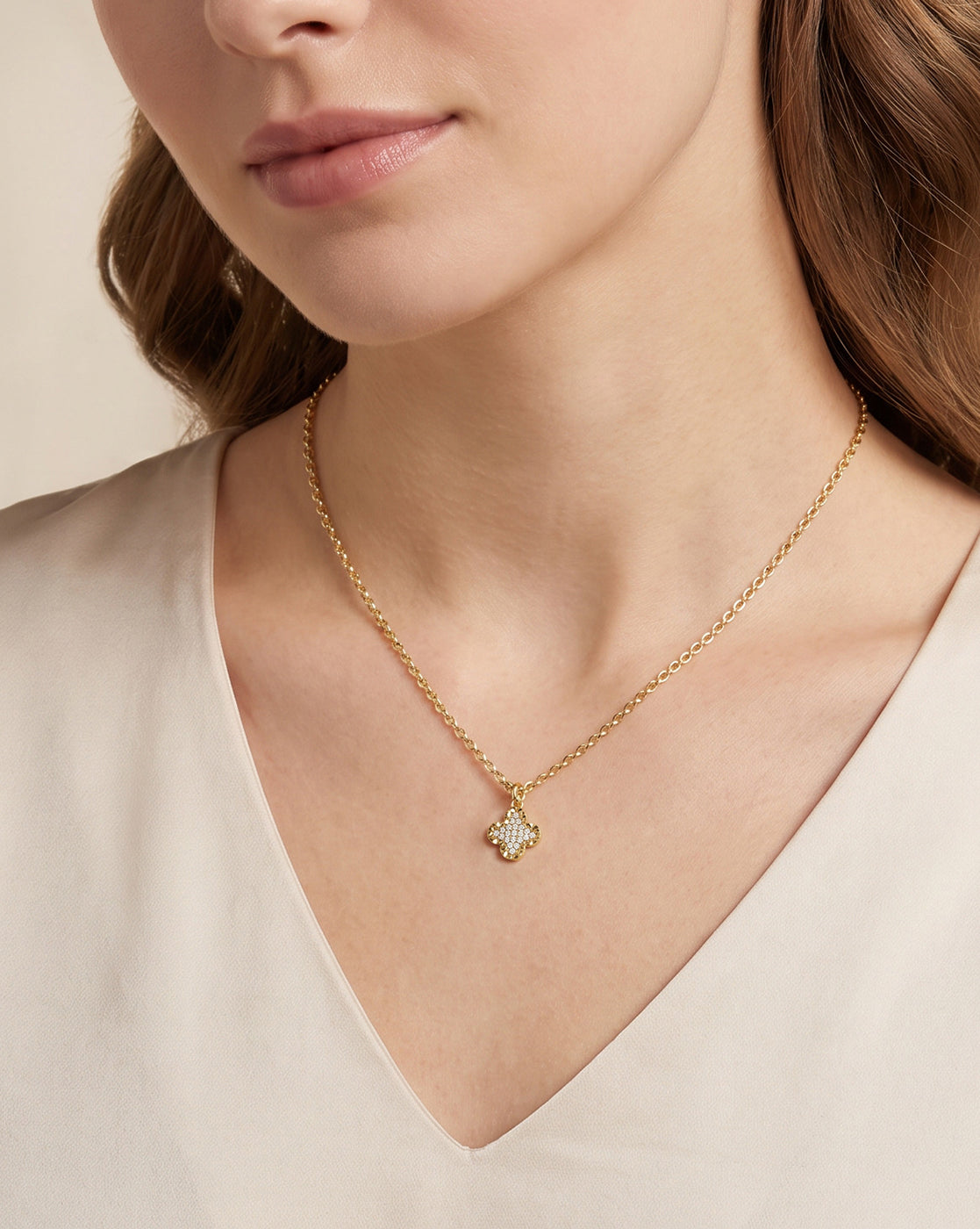 18kt Gold Plated Four-Clover CZ Studded Pendant and Chain