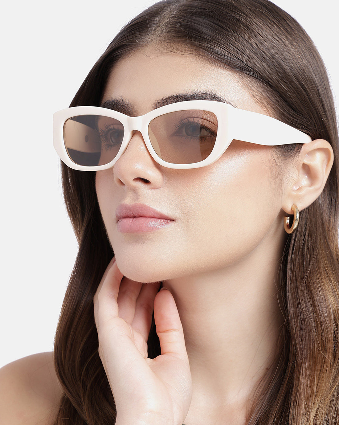Women Cream Toned UV Protected Clear Lens Cateye Sunglasses