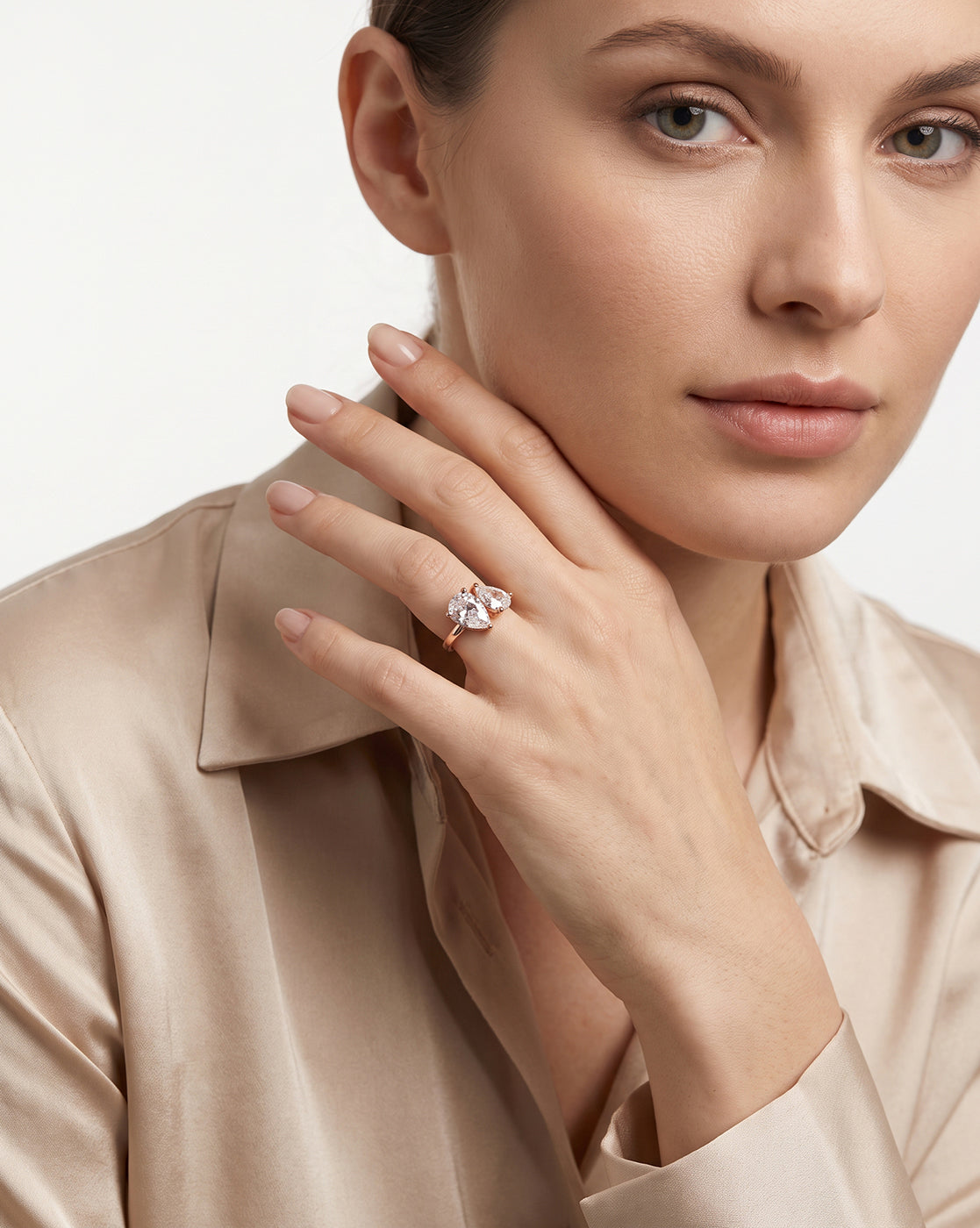 18Kt Rose Gold-Plated CZ Toi Et Moi Adjustable Ring