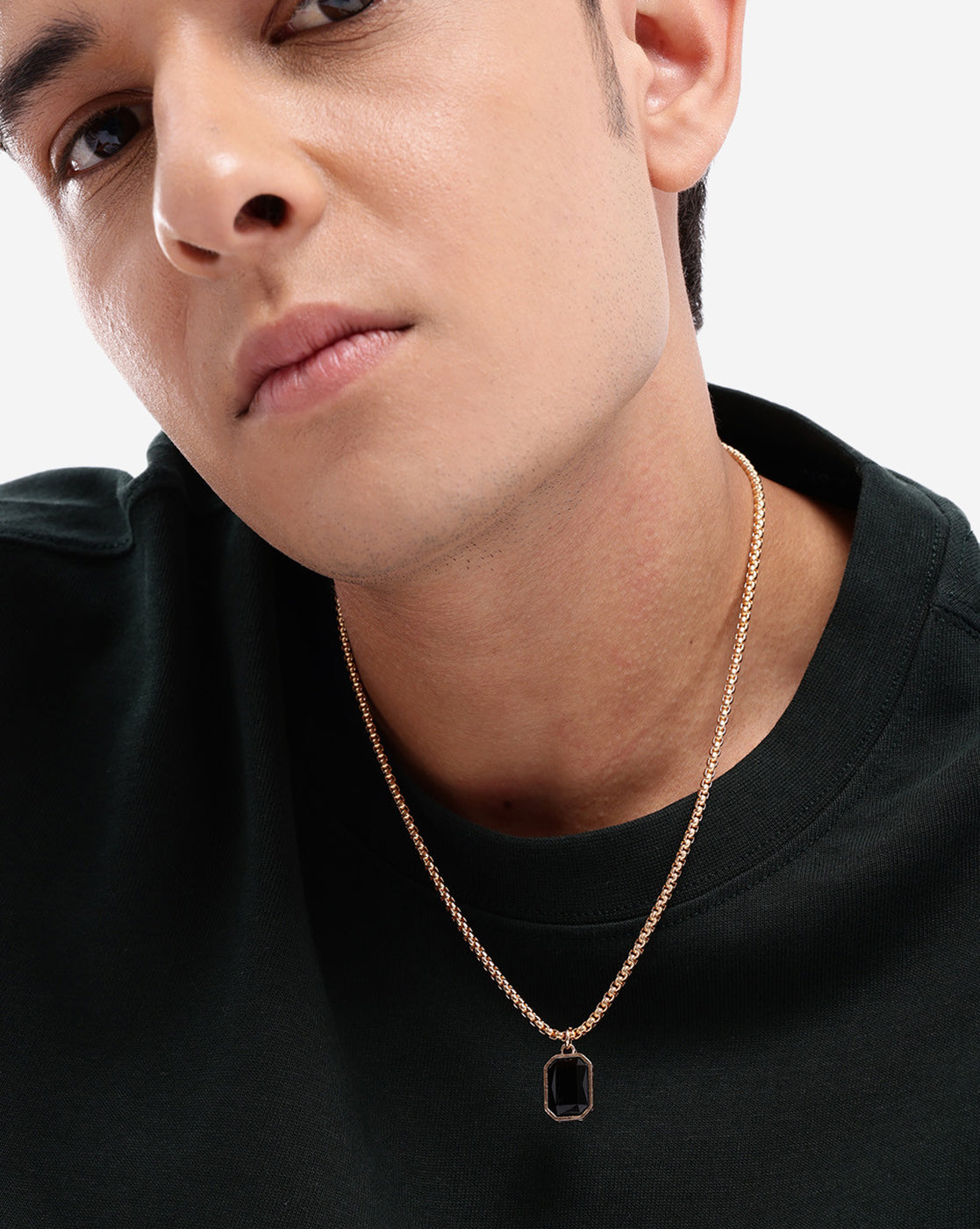 Men Stainless Steel Rose Gold Plated Black Stone Octagon Pendant and Chain