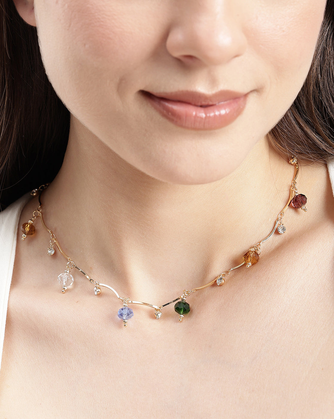 Gold Plated CZ and Crystal Multicolor Charm Necklace