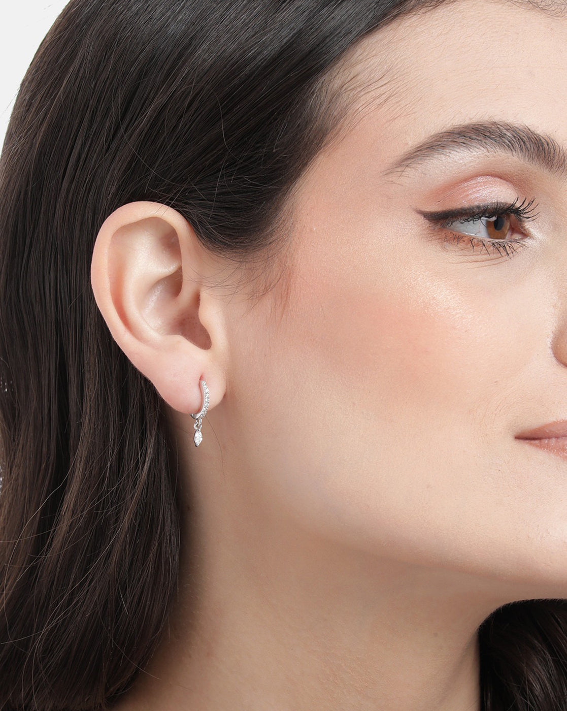 925 Sterling Silver Rhodium Plated Dangling Solitaire Mini Hoop Earring