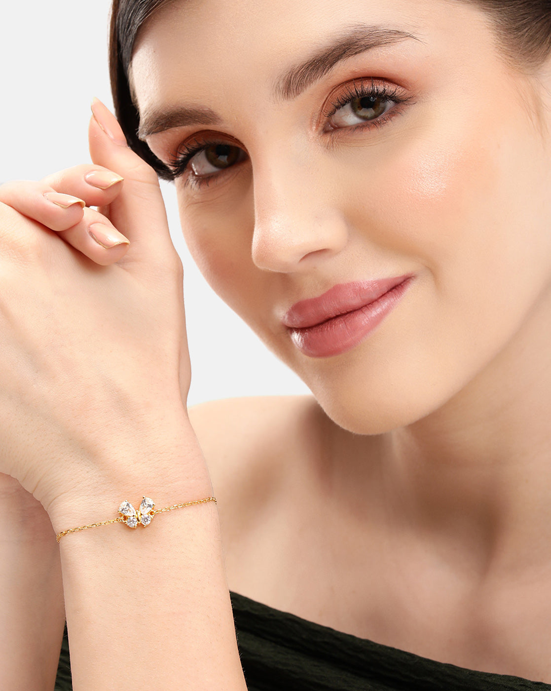 18kt Gold Plated Delicate CZ Butterfly Charm Adjustable Bracelet