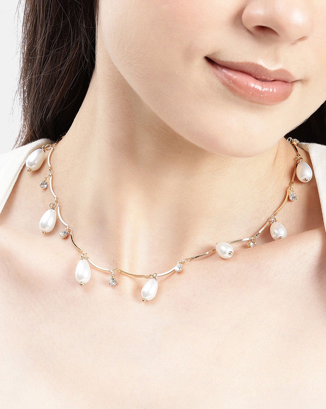 Gold Plated Contemporary Dangling CZ and Pearl Wave Necklace