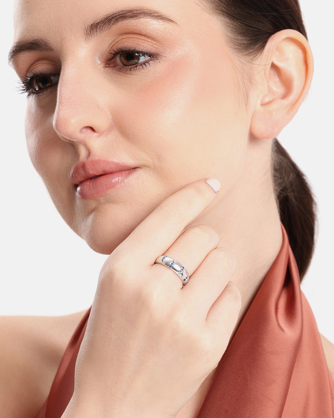 Rhodium Plated Contemporary Sapphire Studded Adjustable Ring