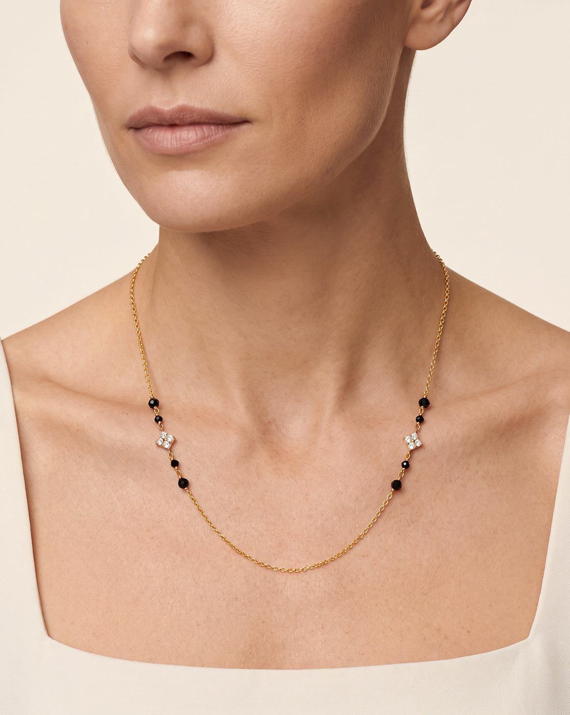 925 Sterling Silver 18kt Gold Plated Natural black bead & CZ Studded Contemporary Mangalsutra