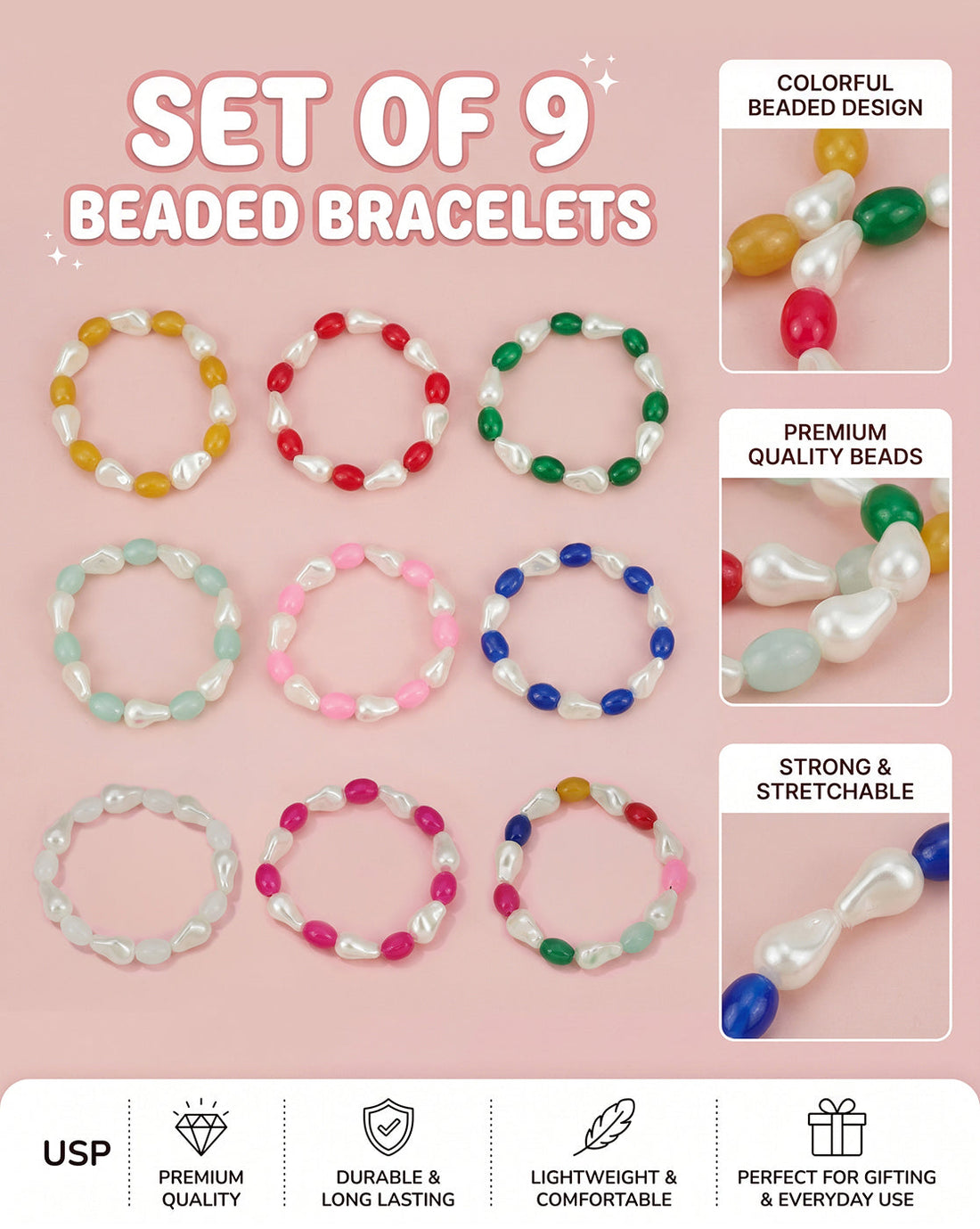 Set of 9 Multi Coloured Bead & Pearl Stretchable Bracelet for Girl
