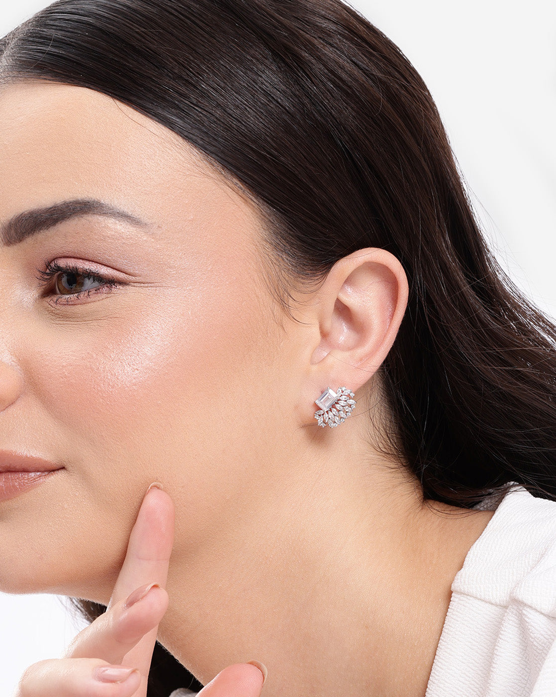 Silver Plated CZ Studded Baguette Marquise Party wear Stud Earring