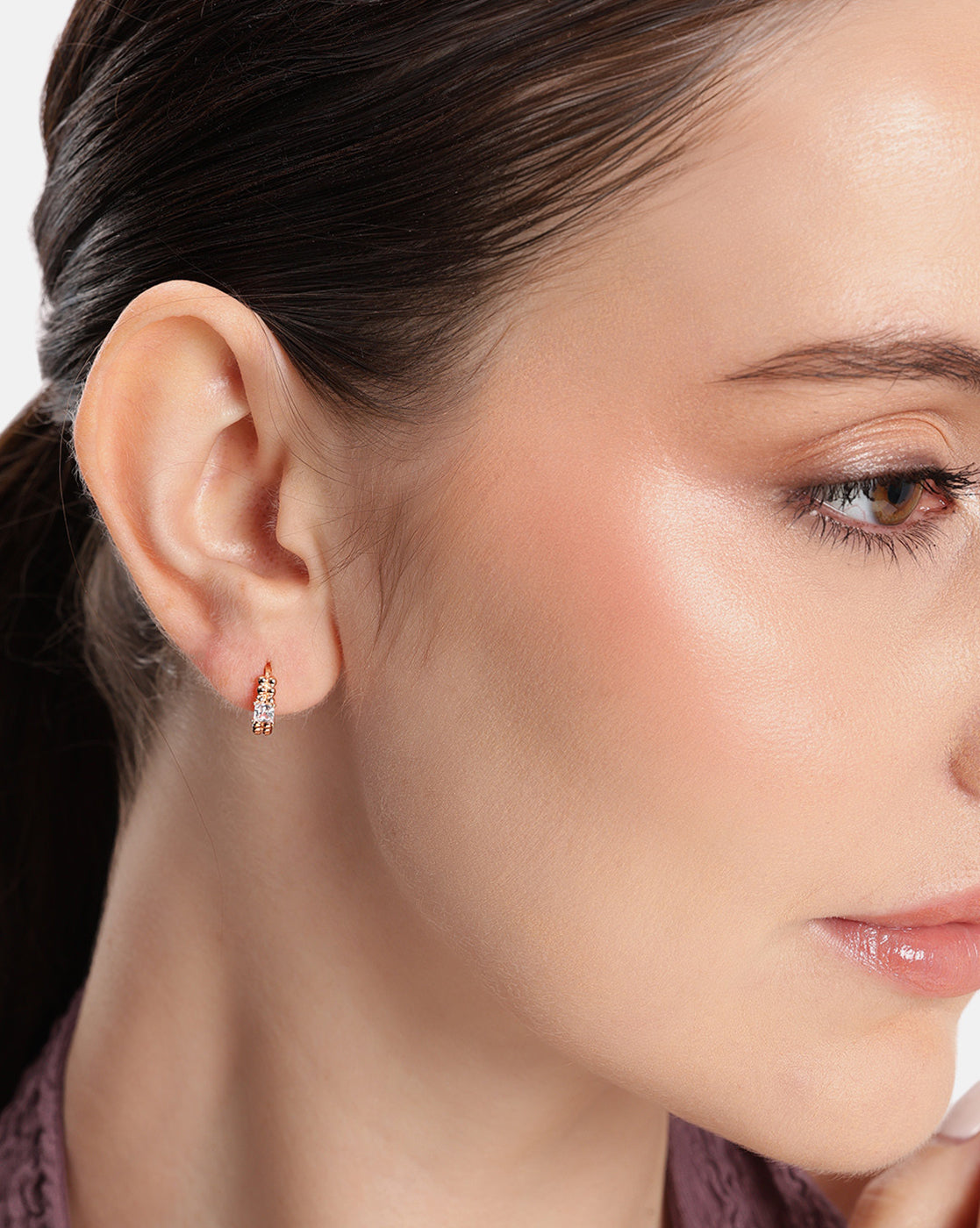 18kt Rose Gold Plated Solitaire Huggie Hoop Earring