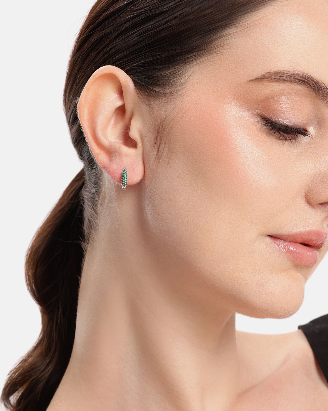 Rhodium Plated Emerald CZ Studded Huggie Hoop Earring