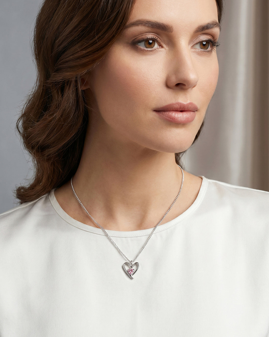Rhodium Plated Solitaire Heart Pendant and Chain