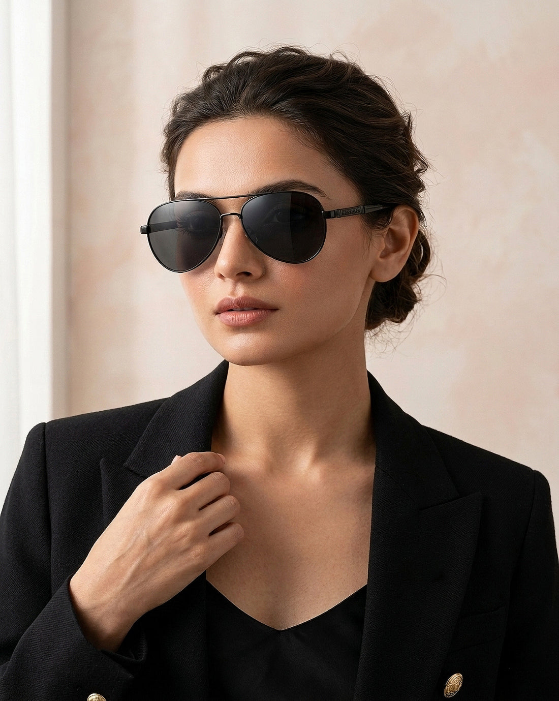 Unisex Black Toned Black Polarised Lens Aviator Sunglasses