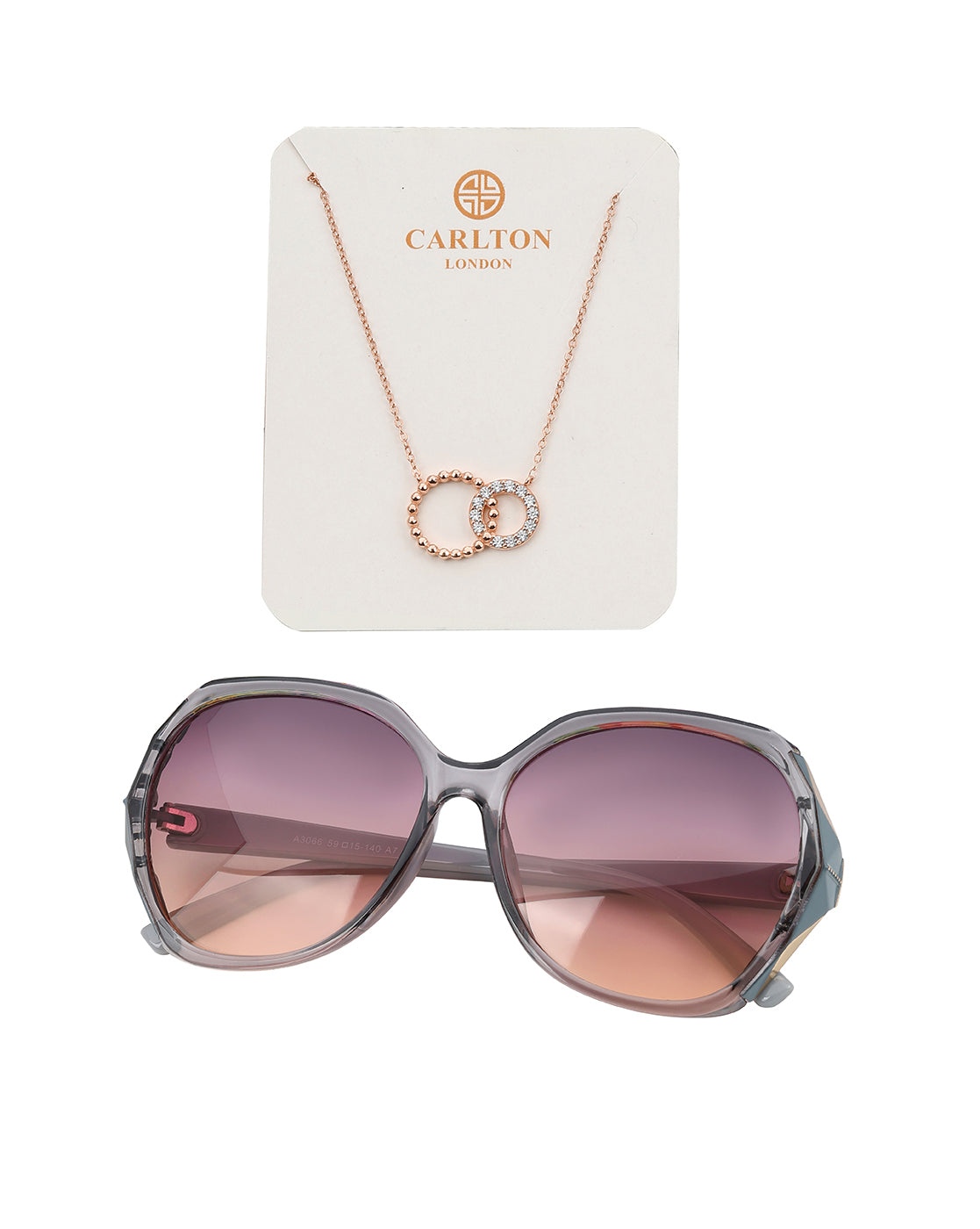 Women Grey Toned UV Protected Sunglasses and 18kt Rose Gold Plated CZ Nekclace Set