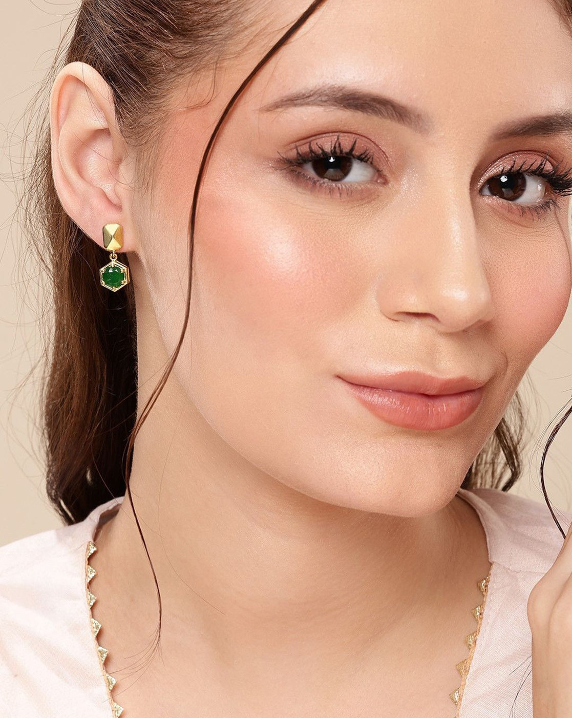 18KT Gold Plated Emerald Green Solitaire CZ Geometric Earrings