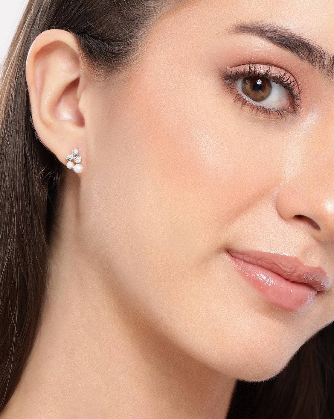 925 Sterling Silver Rhodium Plated CZ and Pearl Contemporary Mini Stud Earring