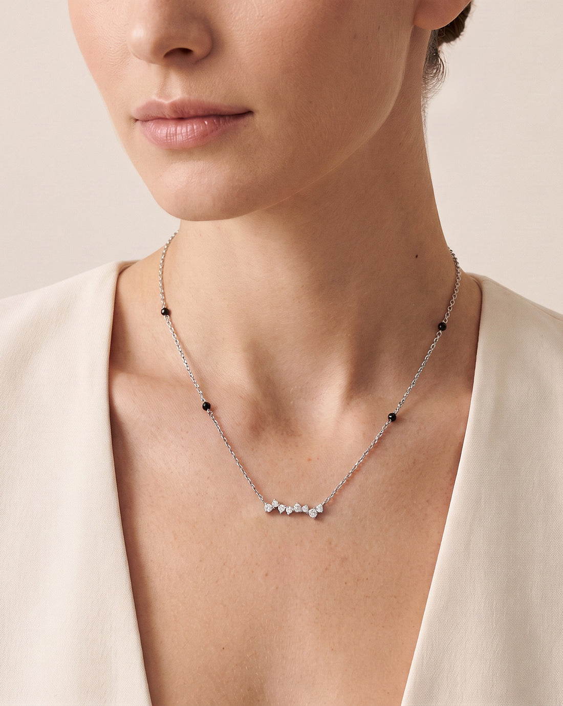 925 Sterling Silver Rhodium Plated Natural black bead & CZ Studded Designer Solitaire Mangalsutra