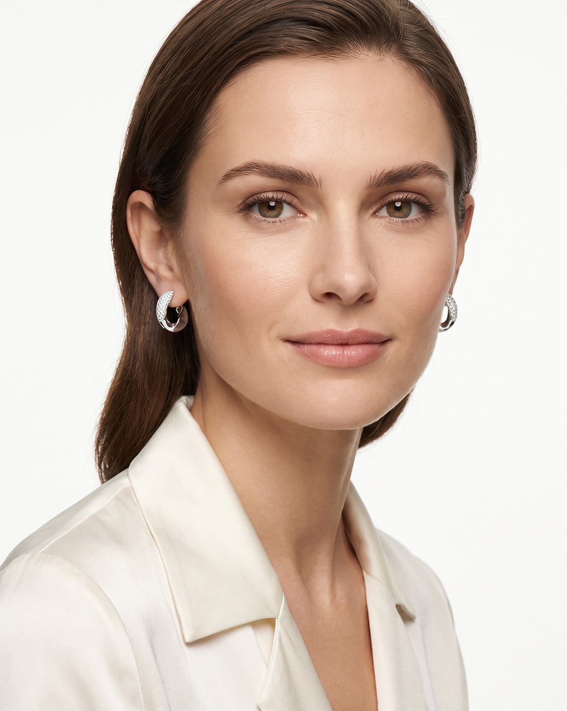Rhodium-Plated CZ-Studded Chunky Half Hoop Earrings