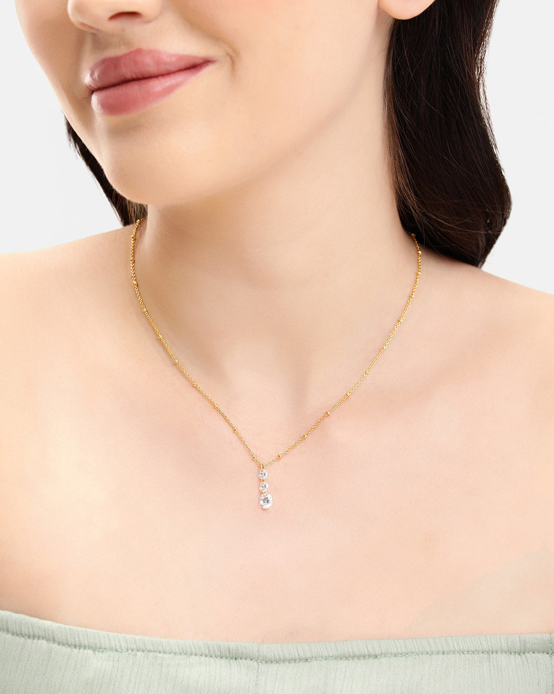 18KT Gold Plated Graduated Solitaire Drop Necklace with Fancy Chain