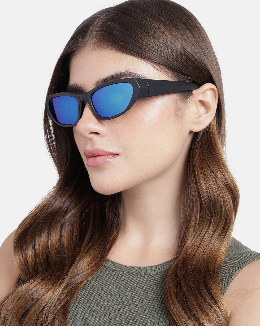 Women Matt Black Toned UV Protected Blue Mirror Lens Sports Sunglasses