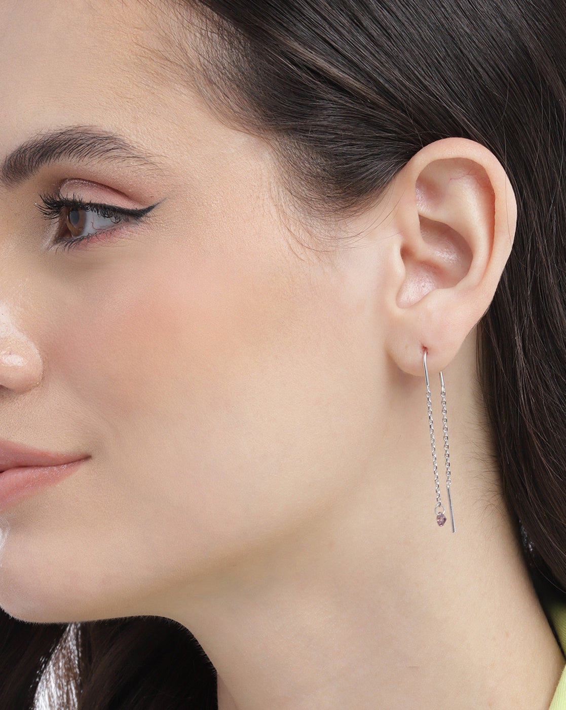 925 Sterling Silver Rhodium Plated Dangling Solitaire Threader Earring