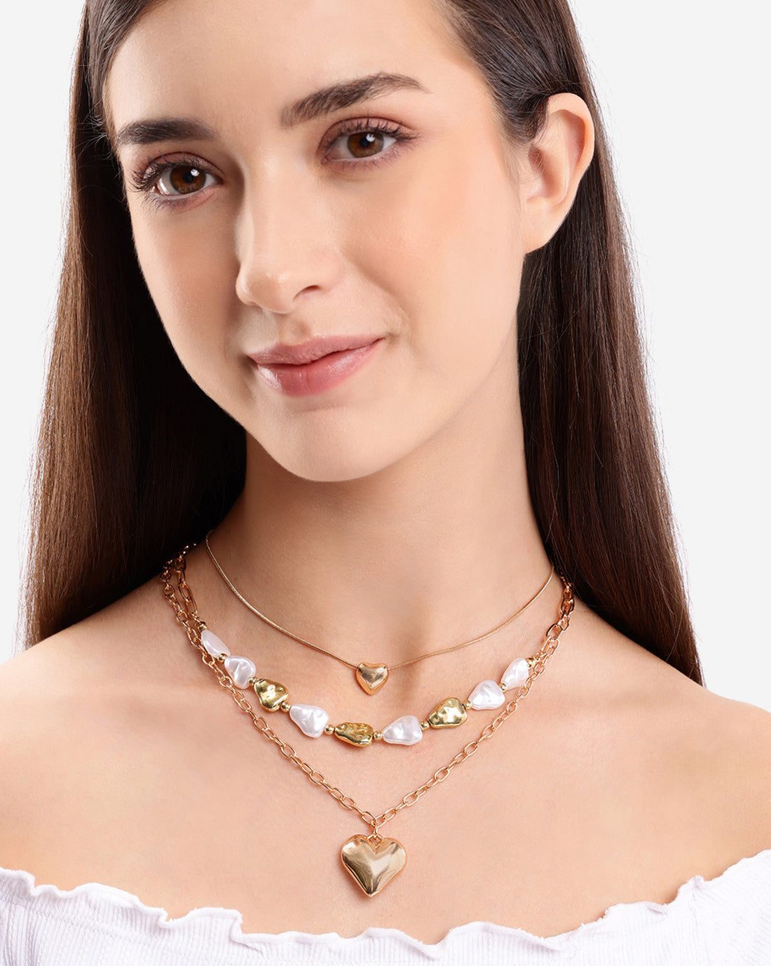 Set of 3 Rose Gold Plated Organic Pearl Puffed Heart & Bead Multilayered Necklace
