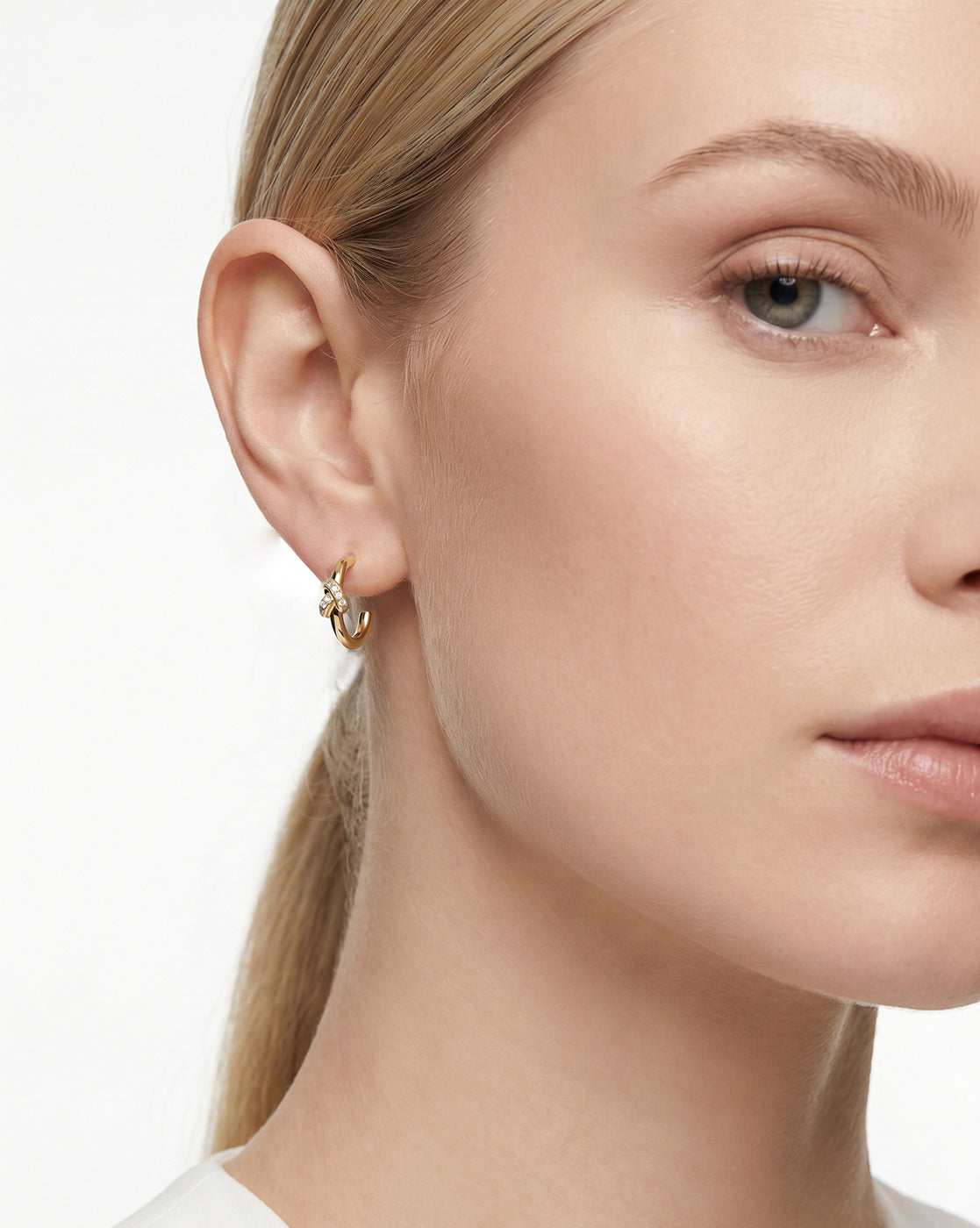 18kt Gold Plated CZ Trendy Knot Half Hoop Earring