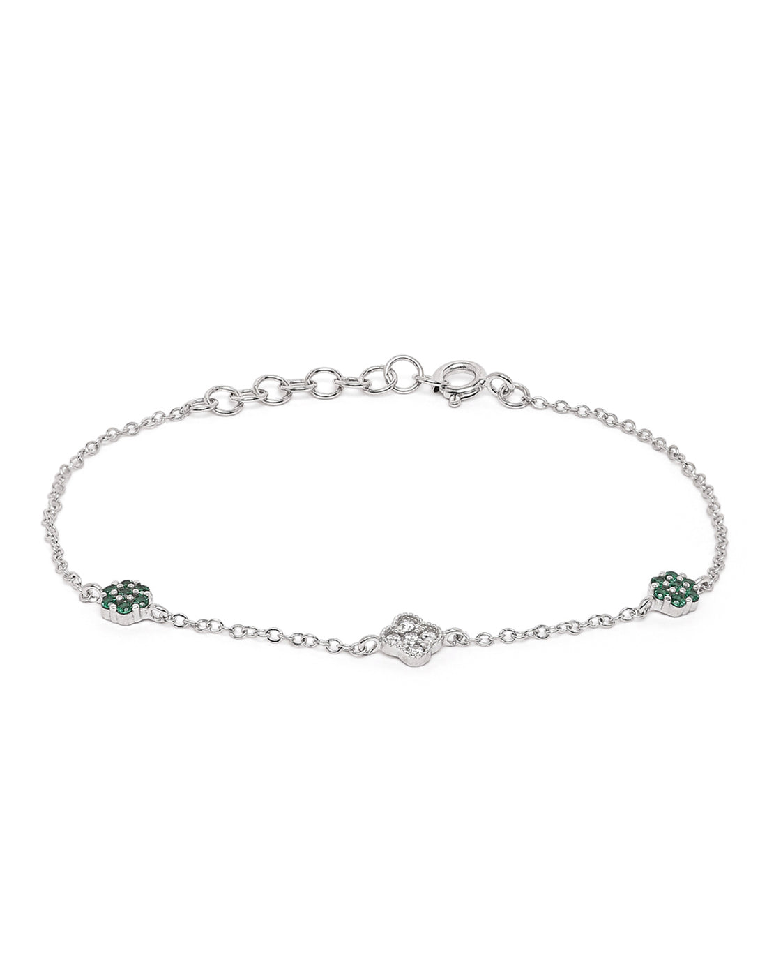 Rhodium Plated Green CZ Van Cleef Charm Adjustable Bracelet