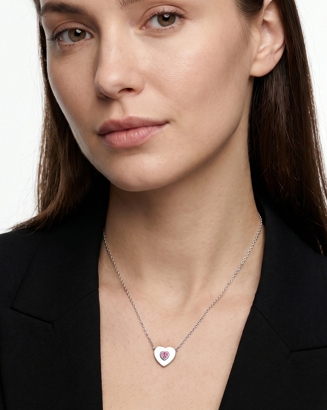 Rhodium Plated Solitaire Studded Heart Pendant and Chain Necklace