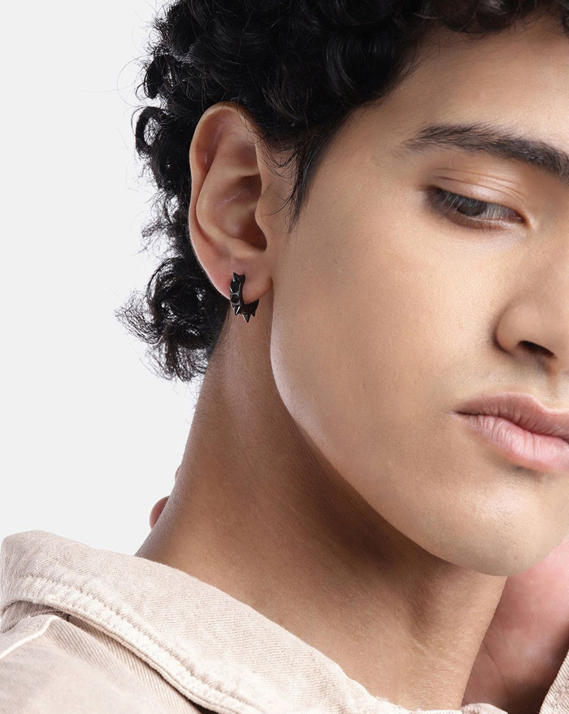 Men Black Toned Spike Hoop Earring
