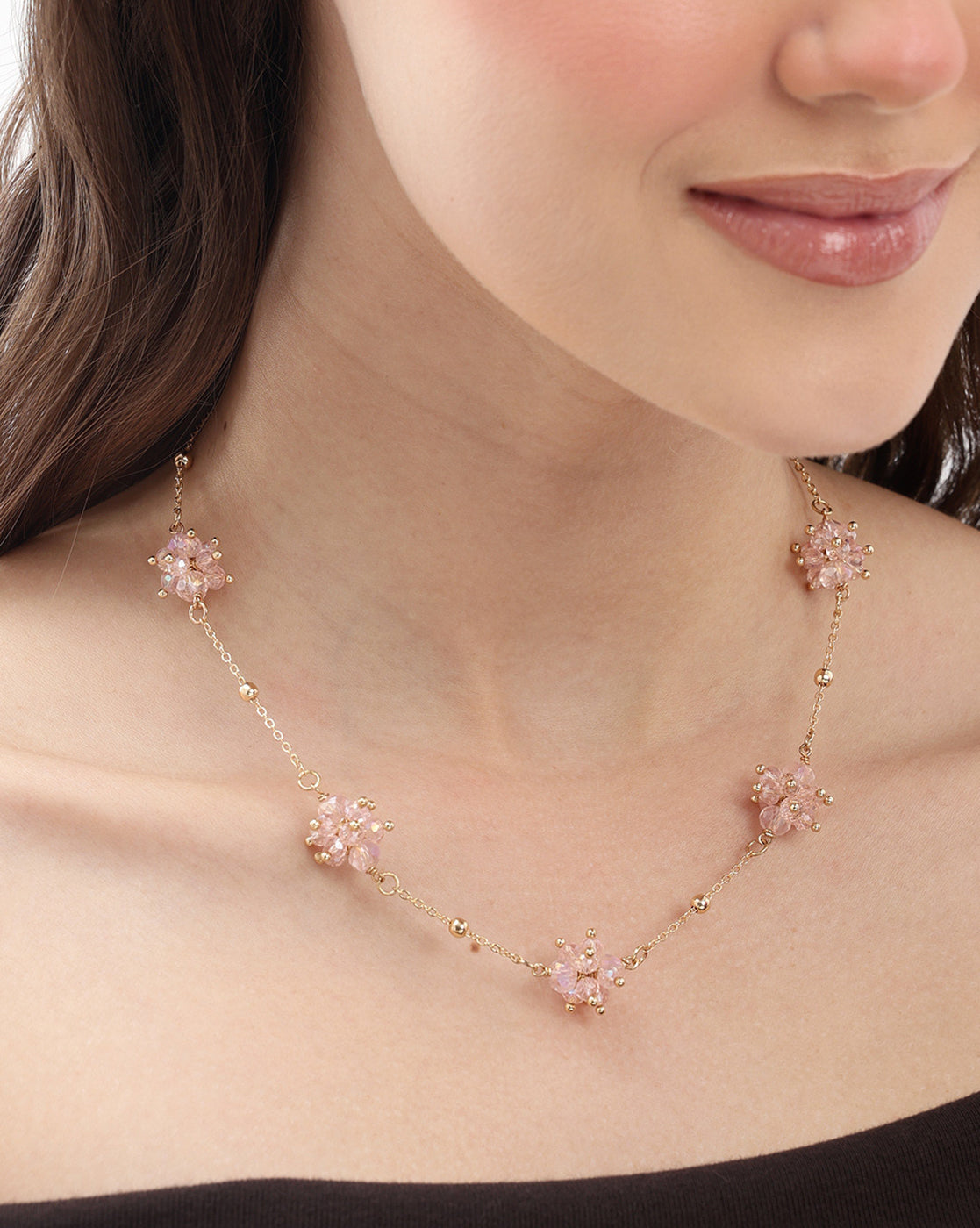 Gold Plated Dainty Rose Pink Beaded Floral Necklace