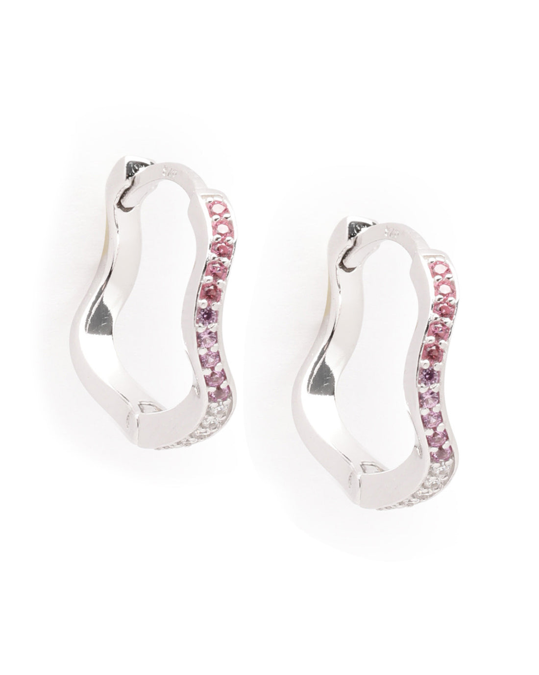 925 Sterling Silver Rhodium Plated Pink CZ Contemporary Wave Earring
