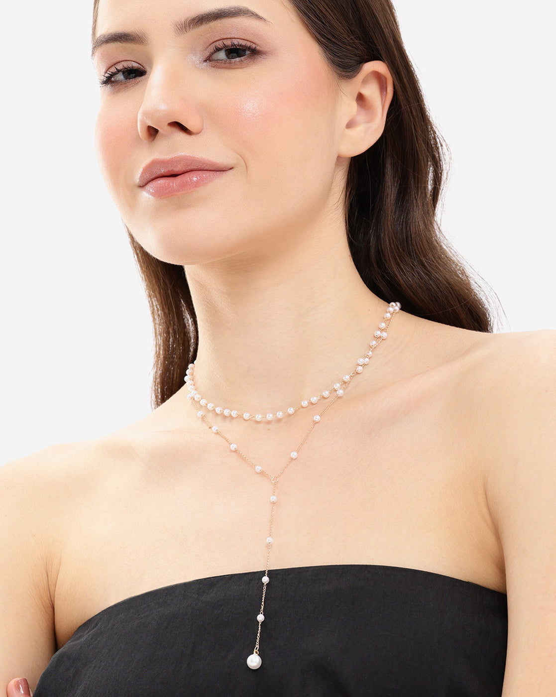 Gold Plated Elegant Pearl Layered Lariat Necklace