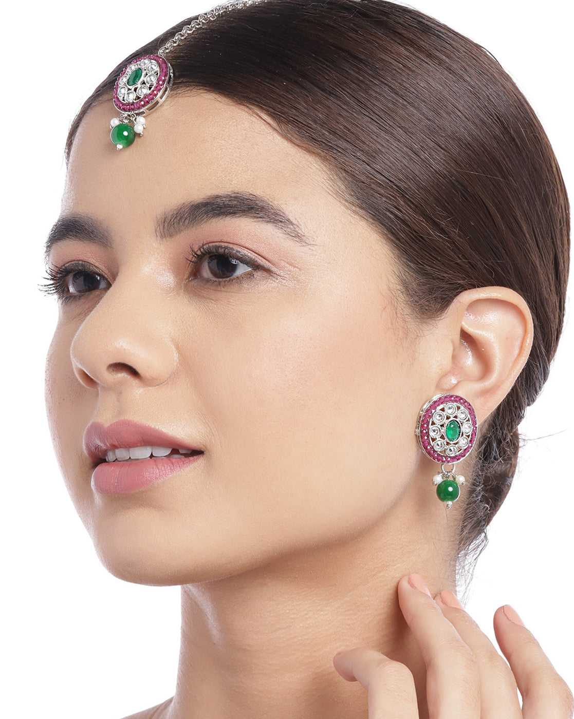 Silver Plated Emerald Green & Ruby Pink Stone Maang Tikaa and Earring Set