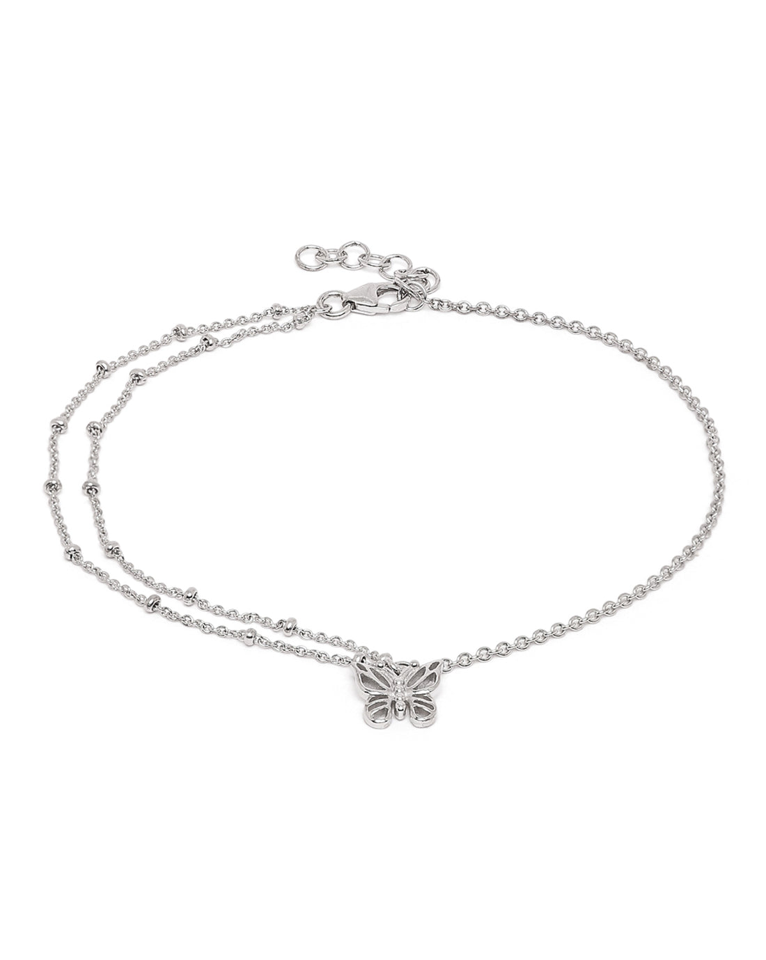 Rhodium Plated Double Chain Butterfly Charm Anklet
