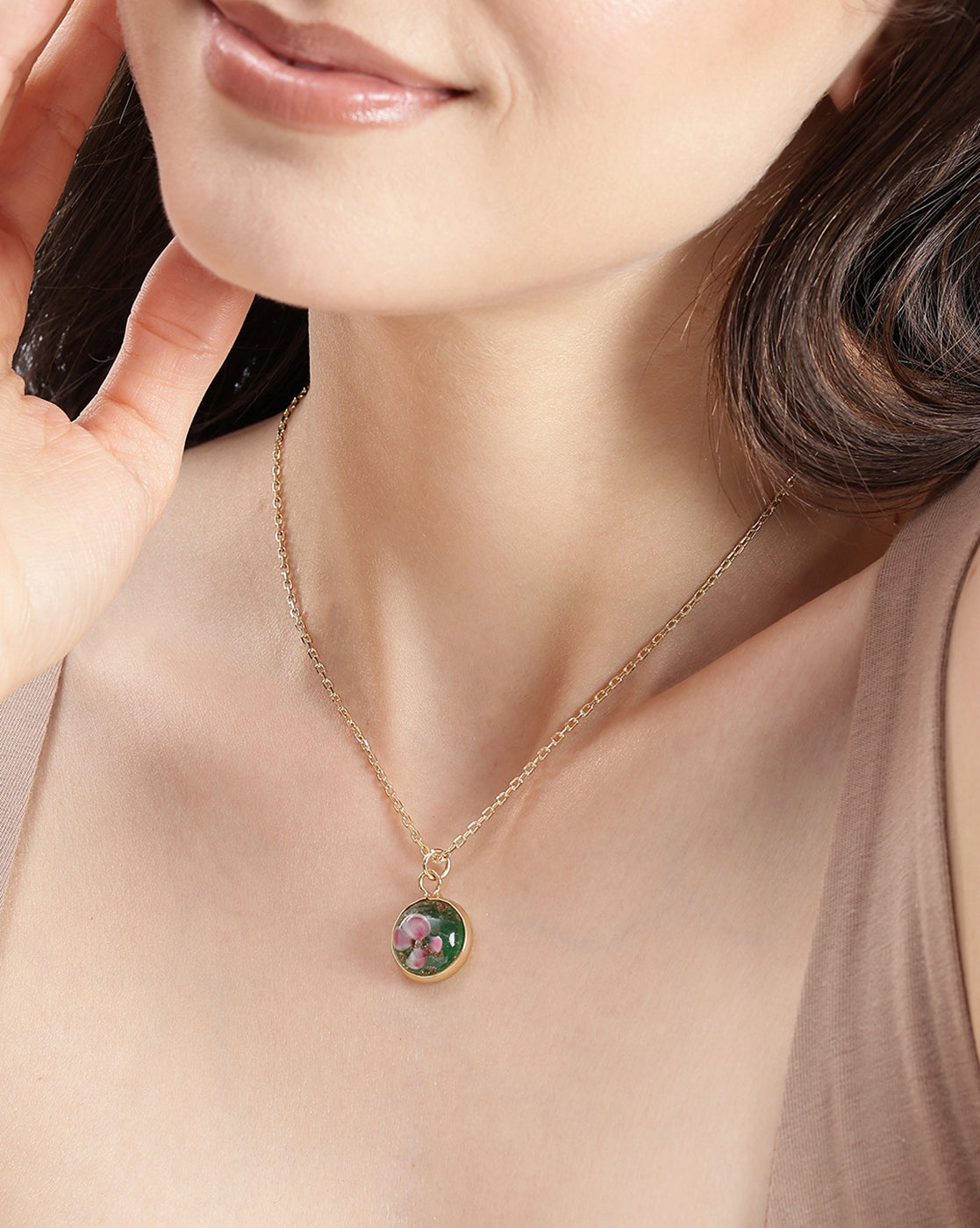 Gold Plated Green Stone and Enamel Round Floral Pendant with Chain