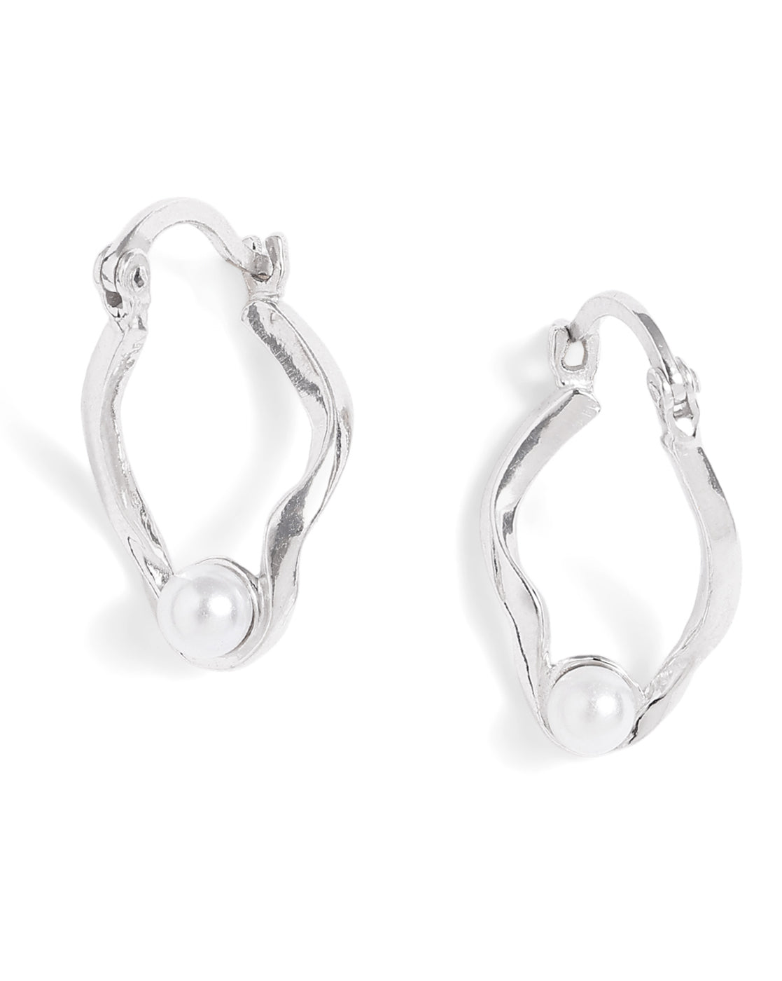 Rhodium Plated Pearl Contemporary Hoop Earring