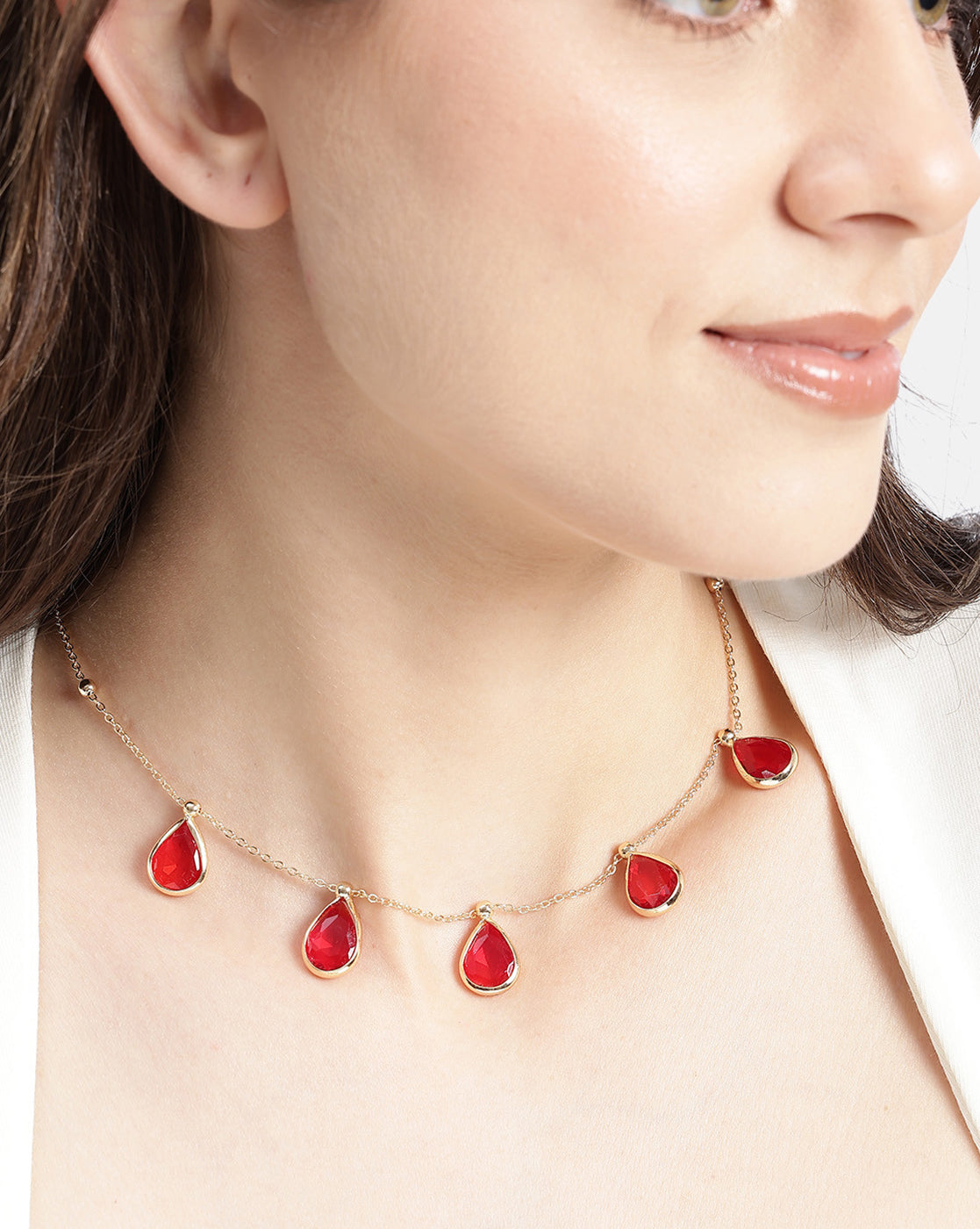 Gold Toned Fashionable Red Crystal Teardrop Charm Necklace
