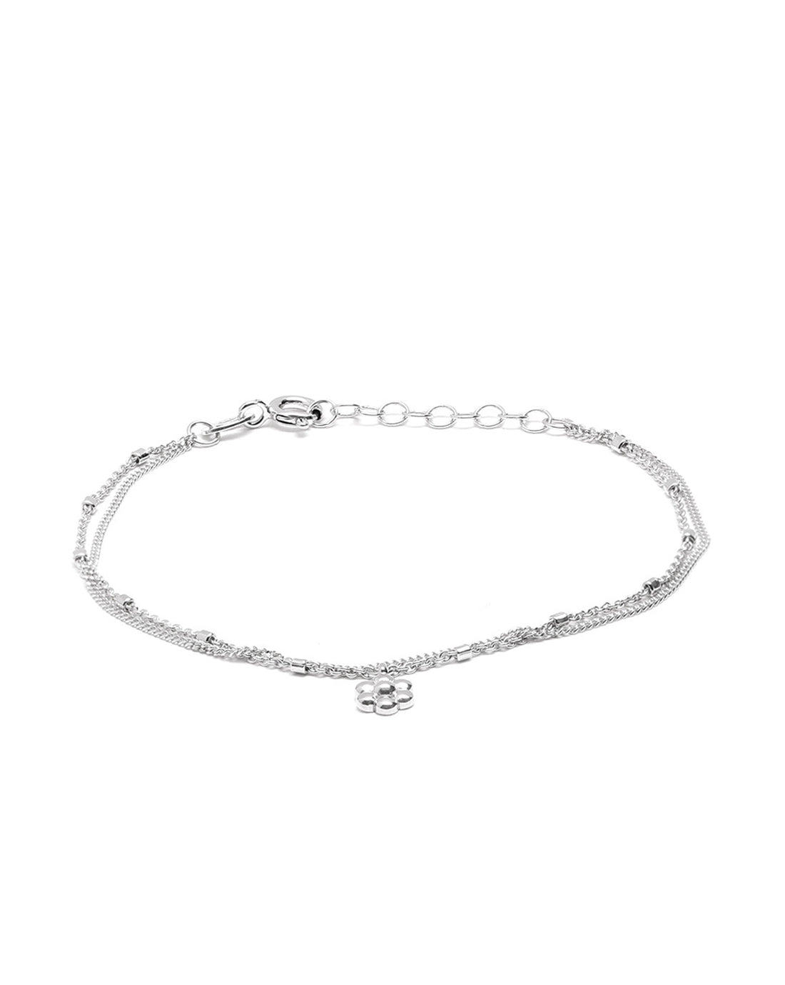 925 Sterling Silver Rhodium Plated Double Layered Floral Charm Bracelet