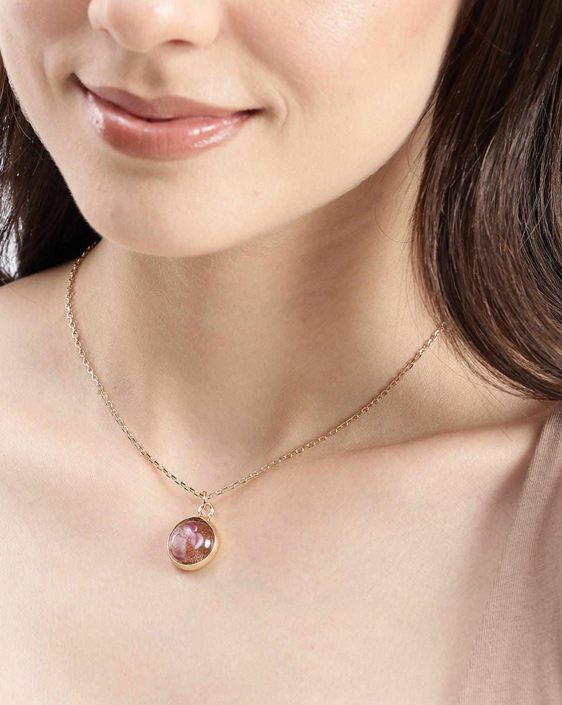 Gold Plated Floral Pink Stone Round Pendant with Chain